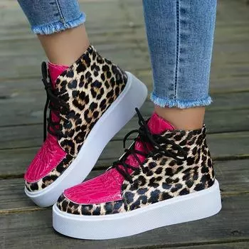 Женские туфли на шнуровке спереди с высоким верхом на плоской подошве из кожи, модные повседневные леопардовые удобные кроссовки, увеличивающие рост, Zapatos De Mujer 36 чёрный