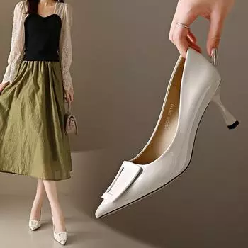 Женские туфли на шпильках 2023 года: Корейский стиль, квадратная пряжка, острый носок — весна/осень и удобная посадка 35 покинуть белый