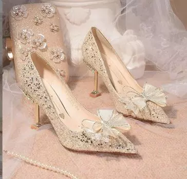 Женские туфли на шпильках Свадебные туфли на высоком каблуке Роскошные туфли с жемчугом и пайетками на каблуках Свадебные туфли цвета шампанского с золотым оттенком Туфли-лодочки с острым носком EUR 35