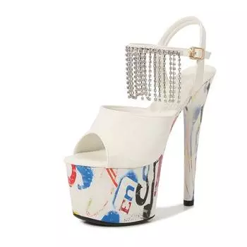 Женские туфли на шпильке, модные сандалии из лакированной кожи с люминесцентной пряжкой, серия 181, каблук 16,5 см, платформа 7 см, LFD 34 белый