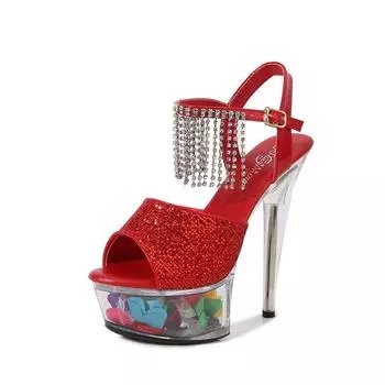 Женские туфли на шпильке, пикантные подиумные модели, туфли с цветами и стразами, бахромой и кристаллами, серия 190, каблук 15 см, платформа LFD 4,5 см 34 чёрный