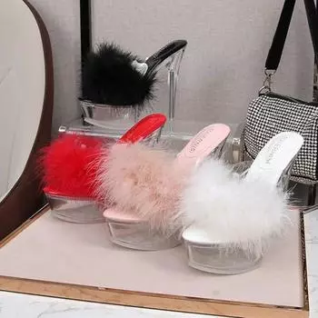 Женские туфли на шпильке, прозрачные пушистые пикантные модные сандалии на каблуке 14 см и платформе 4 см WZ 35 белый