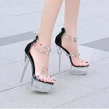 Женские туфли на шпильке с прозрачными кристаллами и цветными бриллиантами, пикантная мода, каблук 14 см, платформа 4 см, WZ 35 золотой