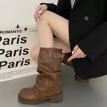 Женские туфли на среднем каблуке, ботинки «Челси» на толстой платформе, зимние дизайнерские новые мотоциклетные ботинки, туфли-лодочки в стиле панк до середины голени 35