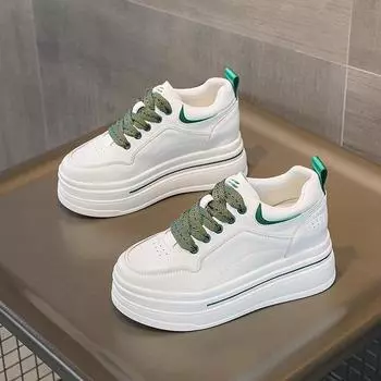 Женские туфли на танкетке 2024 года: Дышащие белые кроссовки на толстой подошве со шнуровкой для невысокого роста. 37