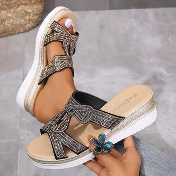 Женские туфли на танкетке 2024 года, лето, новая мода, стразы, кексы, толстая подошва, рыбий рот, римские классные тапочки 36 чёрный