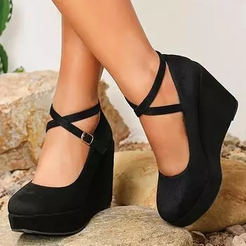 Женские туфли на танкетке из кожи в стиле ретро: Круглый носок, толстая подошва, водонепроницаемая платформа, шнуровка, высокий каблук, идеально подходит для весны и осени 42 чёрный