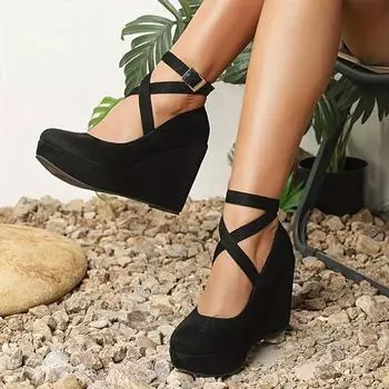 Женские туфли на танкетке из натуральной кожи — острый носок, толстая подошва, водонепроницаемая платформа, высокие каблуки в стиле ретро для деловой носки (Весна осень). 42 чёрный