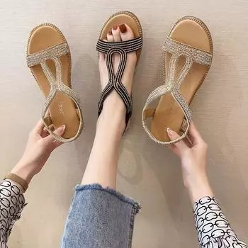 Женские туфли на танкетке с бриллиантами, черные стразы, сандалии для женщин с открытым носком, тренд 2024 года в Корее, удобные и элегантные 35