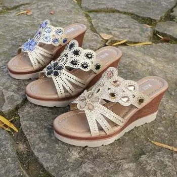 Женские туфли на танкетке с круглым носком, женские повседневные удобные туфли с открытым носком, весенне-летние тапочки со стразами, вечерние сандалии, большие размеры 35-43 37