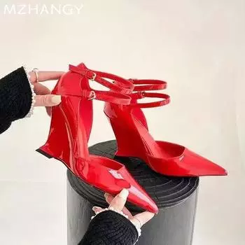 Женские туфли на танкетке с острым носком, босоножки на плоской подошве, сексуальная женщина 2024 года, тренд осени, новые элегантные красные туфли для вечеринок, роскошные женские туфли Zapatos 35 чёрный