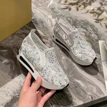 Женские туфли на танкетке с пайетками и сеткой, дышащие туфли, женские кроссовки на платформе из белого золота, женские туфли на танкетке, увеличивающие рост, повседневные 35 белый