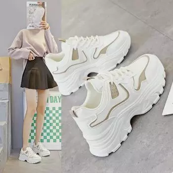 Женские туфли на толстой платформе 2025 года Dad Shoes, с круглым носком, универсальные, со шнуровкой, в облегающем повседневном стиле Q8826 37 чёрный