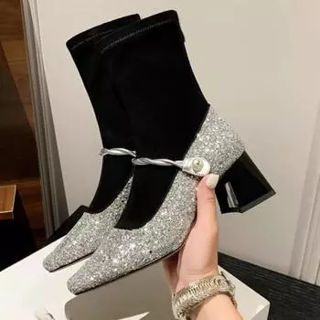 Женские туфли на толстой подошве, осенние, новые, квадратная головка, неглубокий носок, блестящая ткань, пряжка в одну линию, мягкая подошва, нескользящая, низкая обувь 35 чёрный