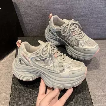 Женские туфли на толстой подошве с эффектом потертости 2025 года, новые легкие сетчатые дышащие повседневные спортивные туфли-буфы на шнуровке 35 розовый