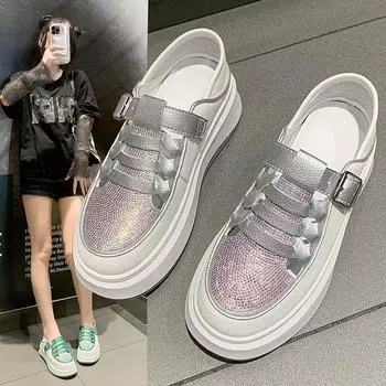 Женские туфли на толстой подошве с высокой подошвой 2024 года, весна-лето, новые модные дышащие кроссовки с инкрустацией бриллиантами, роскошные дизайнерские кроссовки с вырезами 35 зелёный