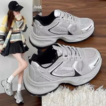 Женские туфли на толстой подошве серебристого цвета, весна 2024 года, новые, с круглым носком, удобные, увеличивающие рост, универсальные, для спорта и отдыха, сноуборд-туфли, папины туфли 36 серебряный