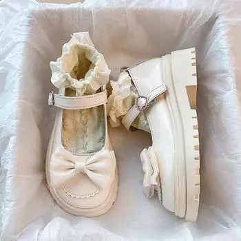 Женские туфли на толстом каблуке, лоферы, осенние, новые, с круглым носком, с мелким бантом, модные, одинарные туфли Мэри Джейн 35 грязно-белый