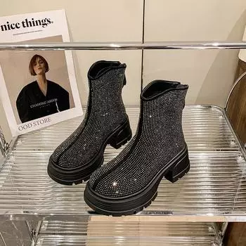 Женские туфли на толстом каблуке, осенние, новые, с круглыми головками, со стразами, после молнии, толстая подошва, противоскользящие, износостойкие, короткие ботинки 35 чёрный