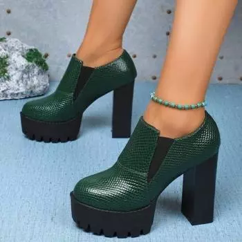 Женские туфли на толстом каблуке, осенние, новые, с круглым носком, с глубоким ртом, слипоны, толстая подошва, износостойкие, с низким верхом 36 зелёный