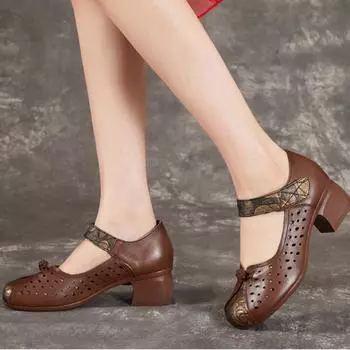 Женские туфли на толстом каблуке с мягкой подошвой, дышащие кожаные туфли из коровьей кожи, этнические сандалии 35 чёрный