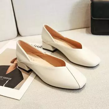Женские туфли на толстом каблуке с неглубоким носком и квадратным носком, новые осенние женские маленькие кожаные туфли в британском стиле, женские лоферы без шнуровки на мягкой подошве 34