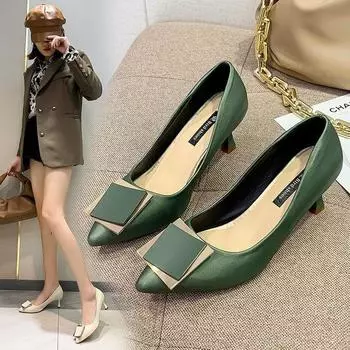 Женские туфли на толстом каблуке с острым носком, мягкие кожаные туфли на низком каблуке, модные и элегантные туфли на плоской подошве для женщин, идеально подходят для весны и лета 34 чёрный