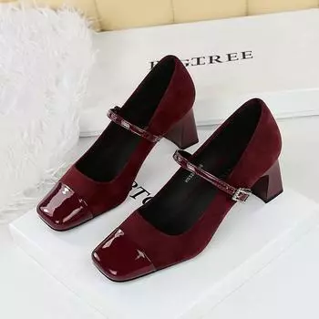 Женские туфли на толстом каблуке, средний каблук, неглубокое соединение носков, квадратный носок, прямая линия с пряжкой из стразов, одинарный ботинок, туфли Мэри Джейн 35 вино красного