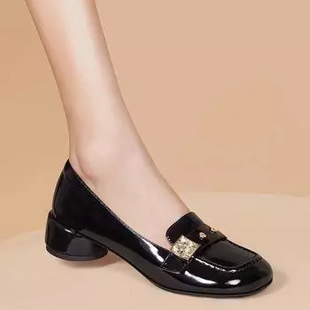 Женские туфли на толстом каблуке, удобные, осенние, с круглым носком, на среднем каблуке, легкие, маленькие кожаные туфли, модные, лакированные, одинарные туфли 34 серый