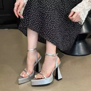 Женские туфли на толстом каблуке, увеличивающие рост, ненавидящие головокружительные бокалы и платформу-маффин, клубные супервысокие босоножки на каблуке 34 серебряный