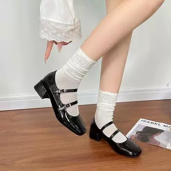 Женские туфли на толстом каблуке Весенние новые туфли на каблуках с пряжкой и ремешком Женские туфли Мэри Джейн с квадратным носком Женские туфли-лодочки на плоской подошве Туфли в стиле Лолита 35 чёрный