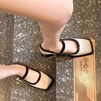 Женские туфли на толстом каблуке в стиле ретро, осенние новые туфли с одним словом и поясом, универсальные туфли Jk с квадратной головкой, маленькие кожаные туфли Мэри Джейн 39 белый