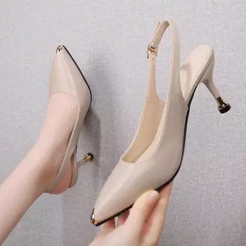 Женские туфли на тонком каблуке, летние новинки 2024 года, элегантные французские остроносые босоножки для девушек с тонким металлическим каблуком, танцевальная обувь для банкета 34 бежевый