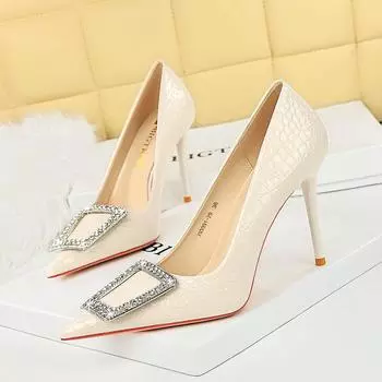 Женские туфли на тонком каблуке, на сверхвысоком каблуке, с острым носком и лакированной кожей, со змеиным узором и пряжкой со стразами, одинарные туфли 34 белый