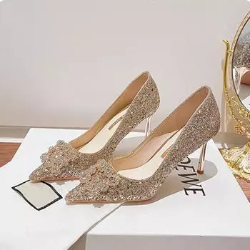 Женские туфли на тонком каблуке, осенние, новые, с заостренным носком, с неглубоким горлом, со стразами и пайетками, с установленной ногой, темпераментные, высокие каблуки 34
