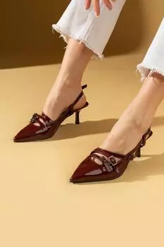 Женские туфли на тонком каблуке с острым носком и 3 пряжками, 53-44-24, лакированная кожа