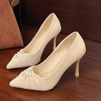 Женские туфли на тонком каблуке Весна Новые остроконечные туфли с неглубоким носком и жемчужинами, бабочкой, устойчивые к износу, высокие каблуки 35