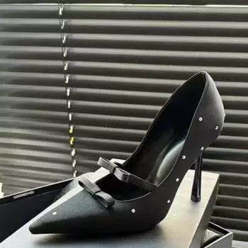 Женские туфли на тонком каблуке, весна, новинка, острый носок, мелкий вырез, кристалл, бант-бабочка, противоскользящие, износостойкие, на высоком каблуке 35 чёрный