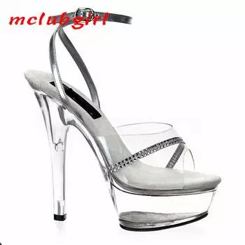 Женские туфли на тонком высоком каблуке с прозрачными бриллиантами, босоножки для танцев, модель Walk Show, каблук 15 см, платформа 5 см, YKC 34 белый