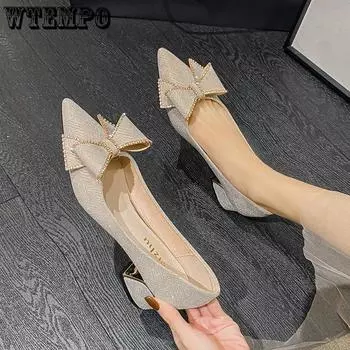 Женские туфли на высоком французском толстом каблуке на высоком каблуке с заостренными одинарными туфлями с украшением в виде банта и туфлями большого размера Покупки Свидания в туфлях 34 чёрный