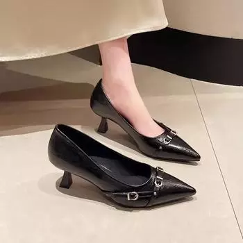 Женские туфли на высоком каблуке 2024 года, весенне-летние босоножки из лакированной кожи с острым носком, женские туфли на тонком каблуке с неглубоким носком 35 чёрный