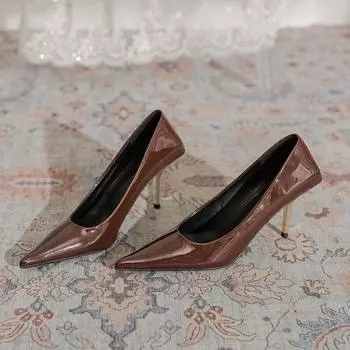 Женские туфли на высоком каблуке 2024 года, сексуальные туфли с острым носком и металлическим каблуком, лакированные офисные туфли для леди, свадебные туфли для вечеринки 34 телесный