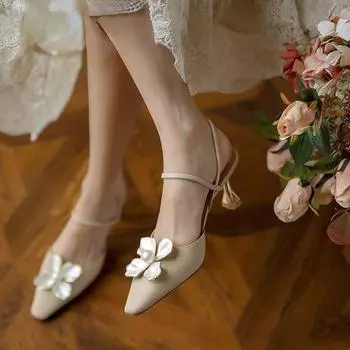 Женские туфли на высоком каблуке 2024 года, летние босоножки с острым носком и цветочным принтом, женские модные сексуальные туфли для вечеринок и свадеб 34 покинуть белый