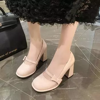 Женские туфли на высоком каблуке 2025 года, весна и осень, женские туфли Мэри Джейн на толстом каблуке, туфли-лодочки Zapatos Mujer с бантом и отделкой, женские туфли-лодочки 35