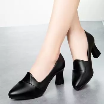 Женские туфли на высоком каблуке 5 см/7 см, удобные туфли на среднем каблуке, мягкая подошва, тонкая обувь, модные туфли-лодочки с острым носком, черные туфли на каблуке, женская кожаная рабочая обувь 35