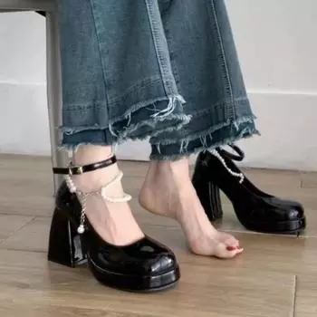 Женские туфли на высоком каблуке, элегантные черные туфли на высоком каблуке с квадратным носком и бантом, модные свадебные туфли на толстом каблуке для свадебной вечеринки, жемчужное кружево, свадебные туфли 42 чёрный