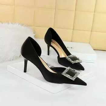 Женские туфли на высоком каблуке BIGTREE из Европы и США, одинарные туфли на тонком каблуке с неглубоким горлышком и заостренными боковыми полыми металлическими пряжками 43 чёрный