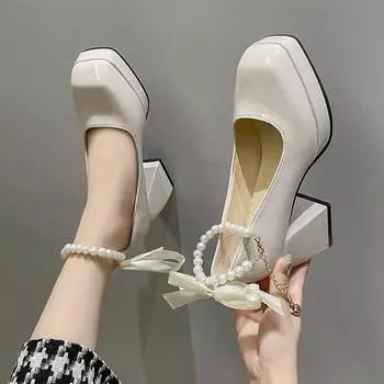 Женские туфли на высоком каблуке больших размеров, осенние туфли Мэри Джейн на толстом каблуке с жемчужной цепочкой, модные модельные туфли на платформе 35