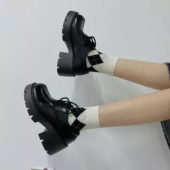 Женские туфли на высоком каблуке большого и маленького размера 2024 года, осень-зима, новые японские туфли в стиле ретро в колледже на толстом каблуке со шнуровкой и толстой подошвой 35