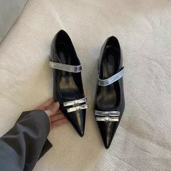 Женские туфли на высоком каблуке Черные Золотые Туфли Прямых Линий с Острыми Толстыми Каблуками Женская Обувь Туфли на Высоком Каблуке 35